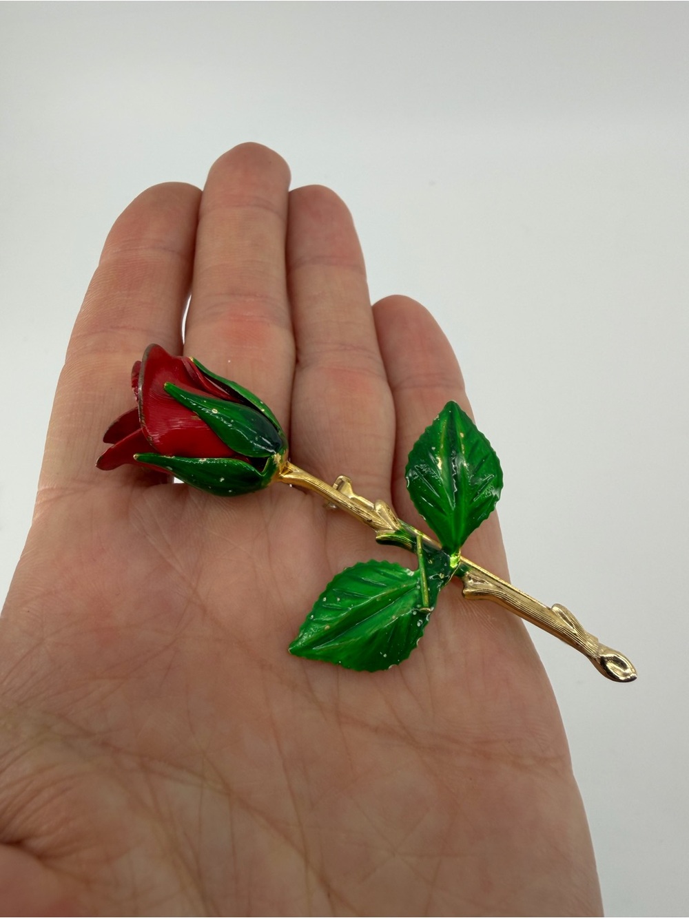 Vintage Red Rose Enamel Brooch Gold Tone Long Stem Flower Pin 1970s Cottagecore